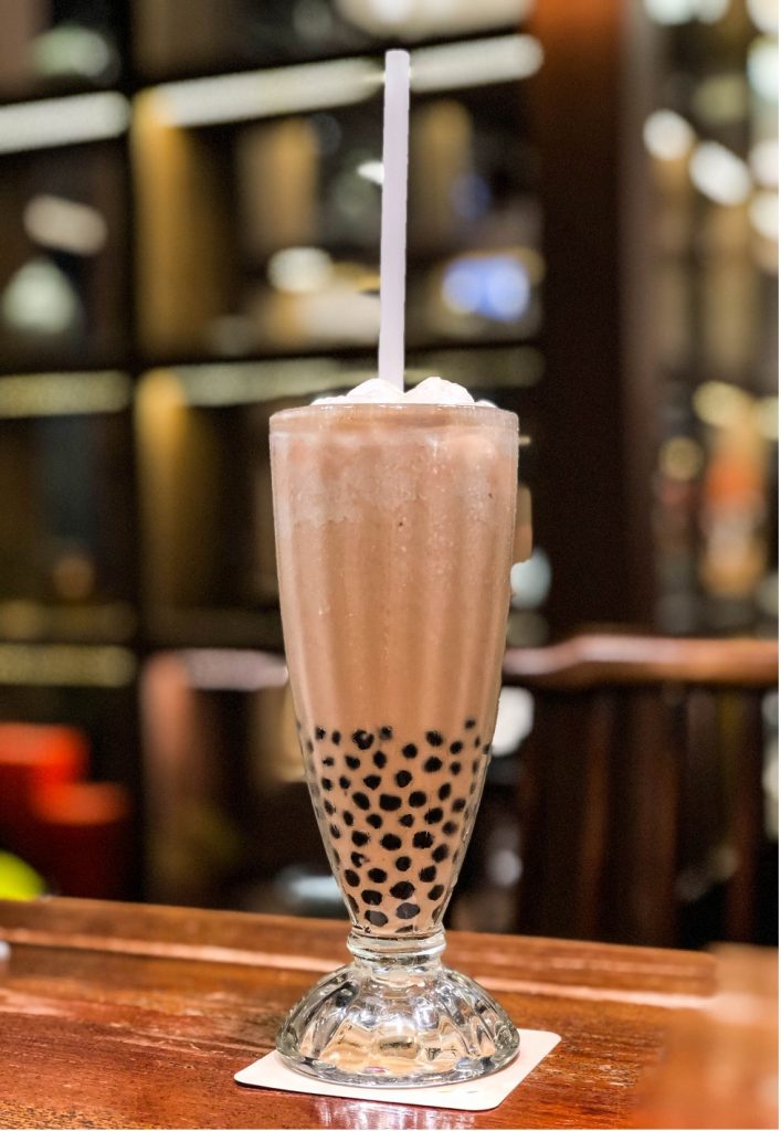 The famous bubble tea of Taiwan. A glass of bubble tea.